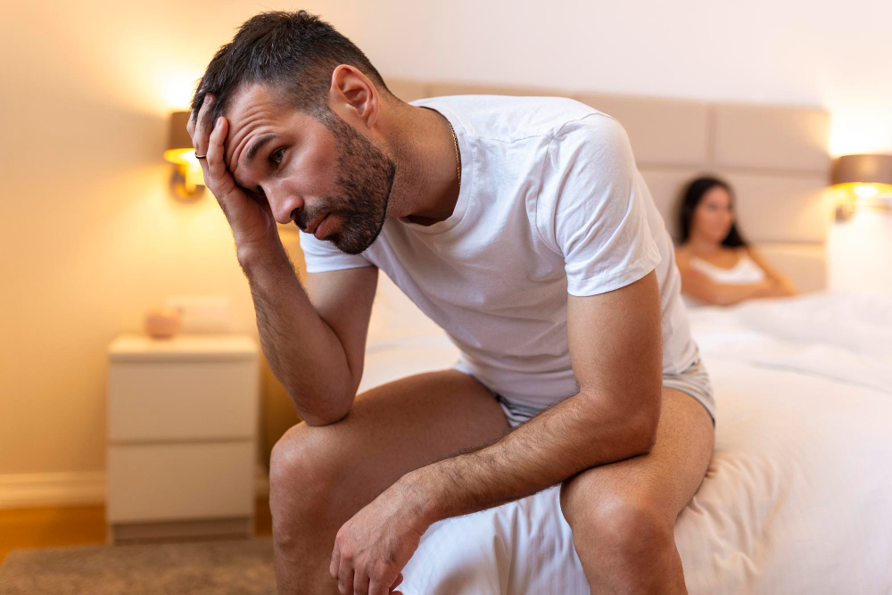 Homem lamenta na beira da cama tendo uma mulher ao fundo: entenda os sintomas e cuidados para evitar complicações da varicocele