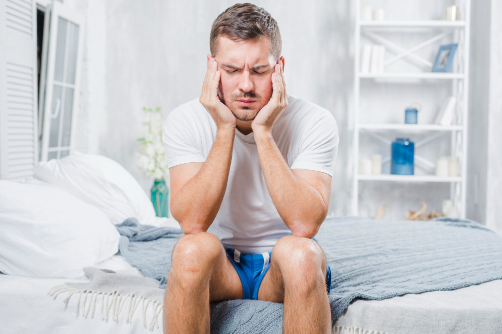 Homem usando um short lamenta na ponta de uma cama: cirurgia de varicocele é um procedimento comum para tratar essa condição