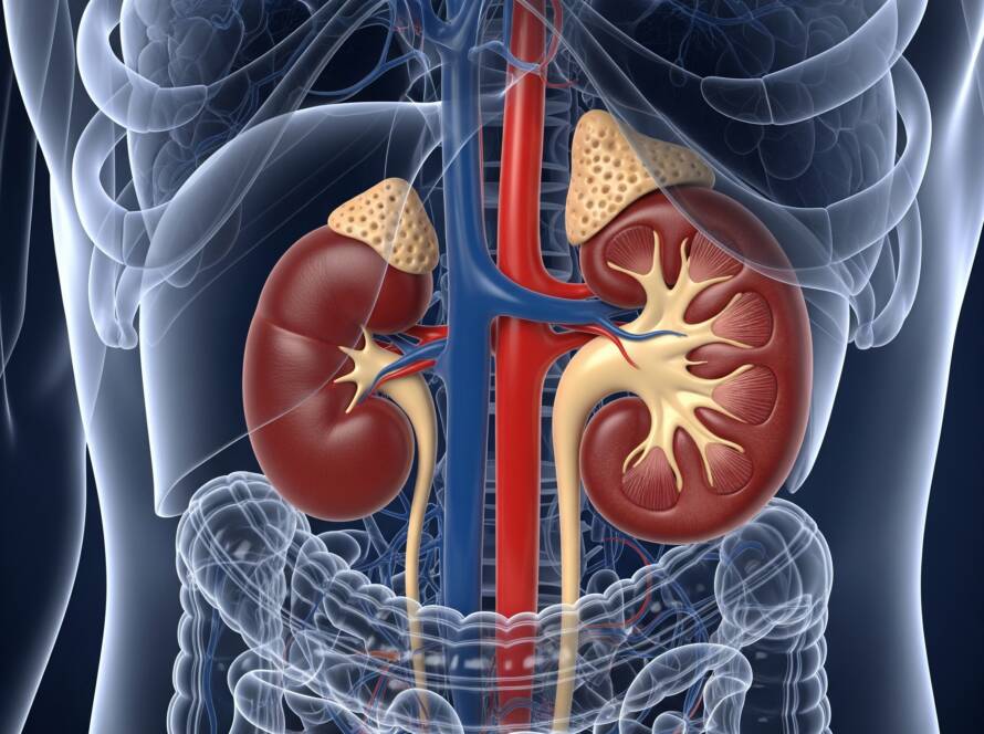 Imagem em 3D do corpo humano com destaque aos rins: a Doença Renal Crônica, DRC, é uma condição progressiva que afeta a capacidade vital dos seus rins de filtrar o sangue e manter o equilíbrio do seu corpo