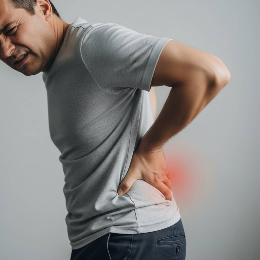 Homem coloca a mão na coluna com sintoma de insuficiência renal: o edema, ou inchaço, ocorre quando os rins não conseguem remover o excesso de líquidos do corpo de forma eficiente.