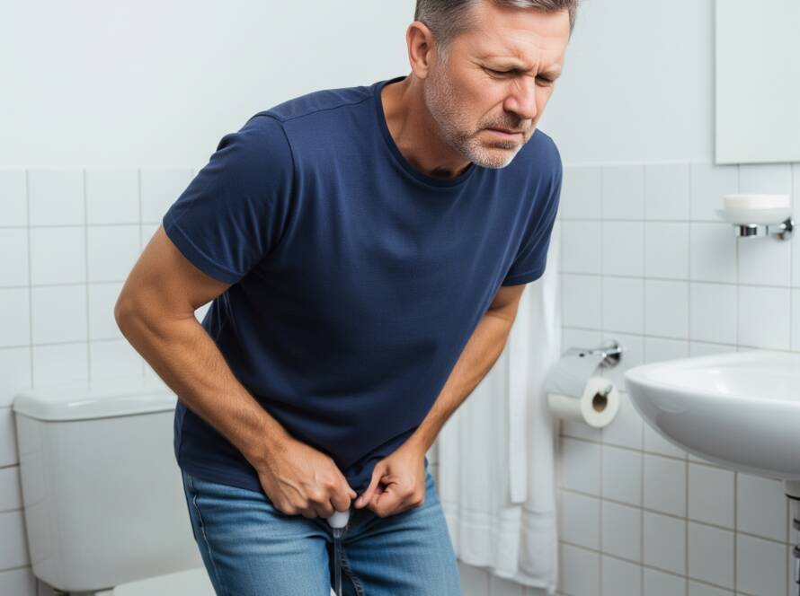 Homem no banheiro sofre para fazer xixi. A Hiperplasia Prostática Benigna (HPB), também conhecida como aumento benigno da próstata, é uma condição comum em homens a partir dos 40 anos, especialmente após os 50.