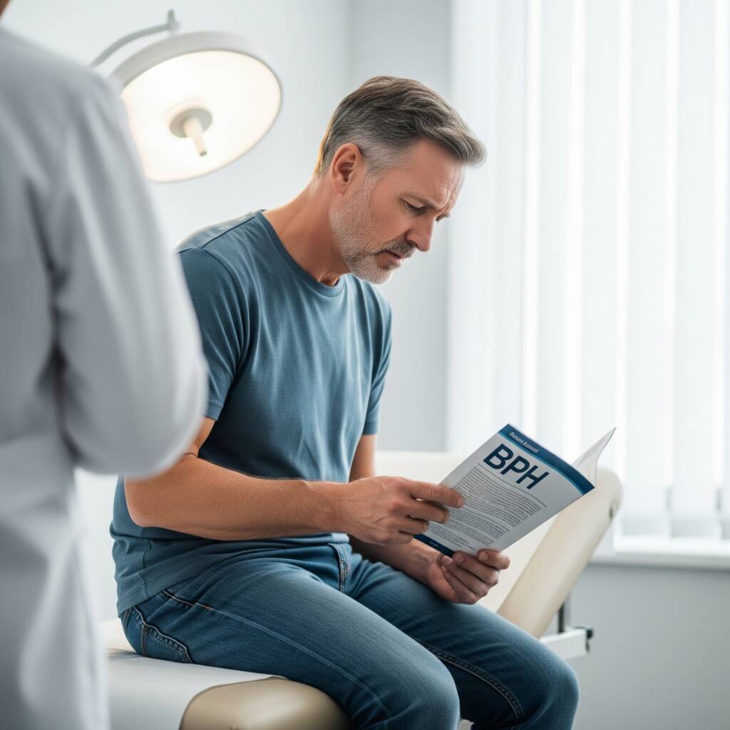 Homem em consultório médico lê informativo sobre a Hiperplasia Prostática Benigna; HPB não é câncer, nem aumenta o risco direto de desenvolver câncer de próstata.