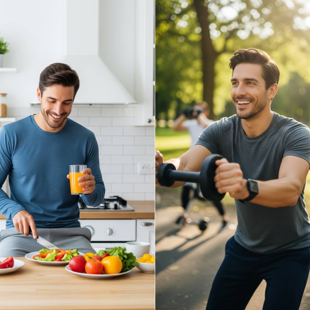 Homem prepara dieta equilibrada e também se exercita: estudos apontam que o excesso de peso corporal aumenta o risco de desenvolvimento e progressão do câncer de próstata