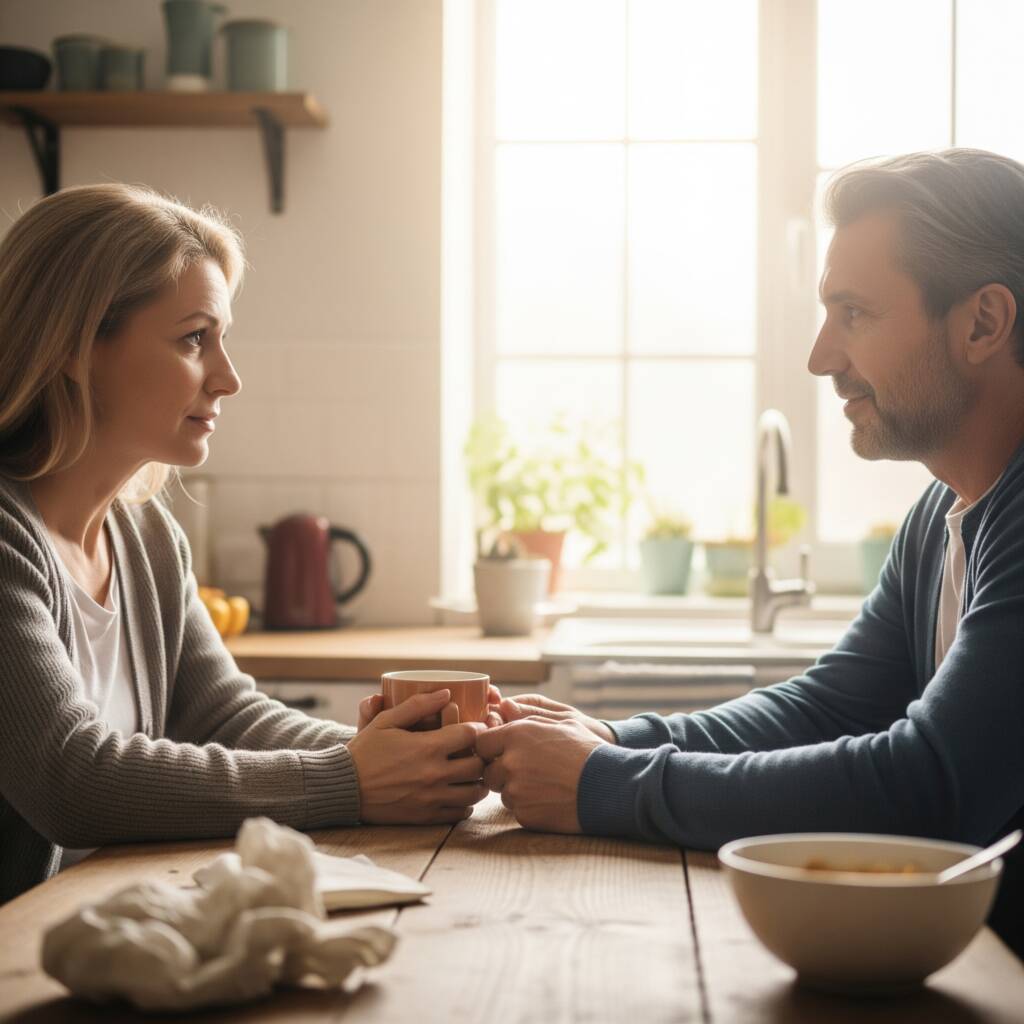 Esposa, na menopausa, conversa com o marido na cozinha de casa: um dos maiores desafios durante a menopausa é a falta de diálogo entre os casais