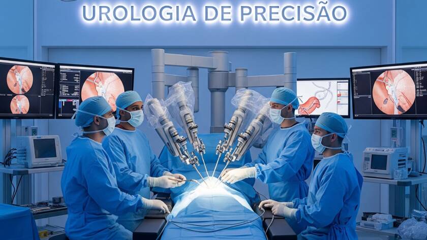 Centro cirúrgico com médicos e um paciente em uma sala de cirurgia de precisão: a Urologia de Precisão representa uma nova era na medicina, em que o tratamento urológico deixa de ser generalista para se tornar individualizado