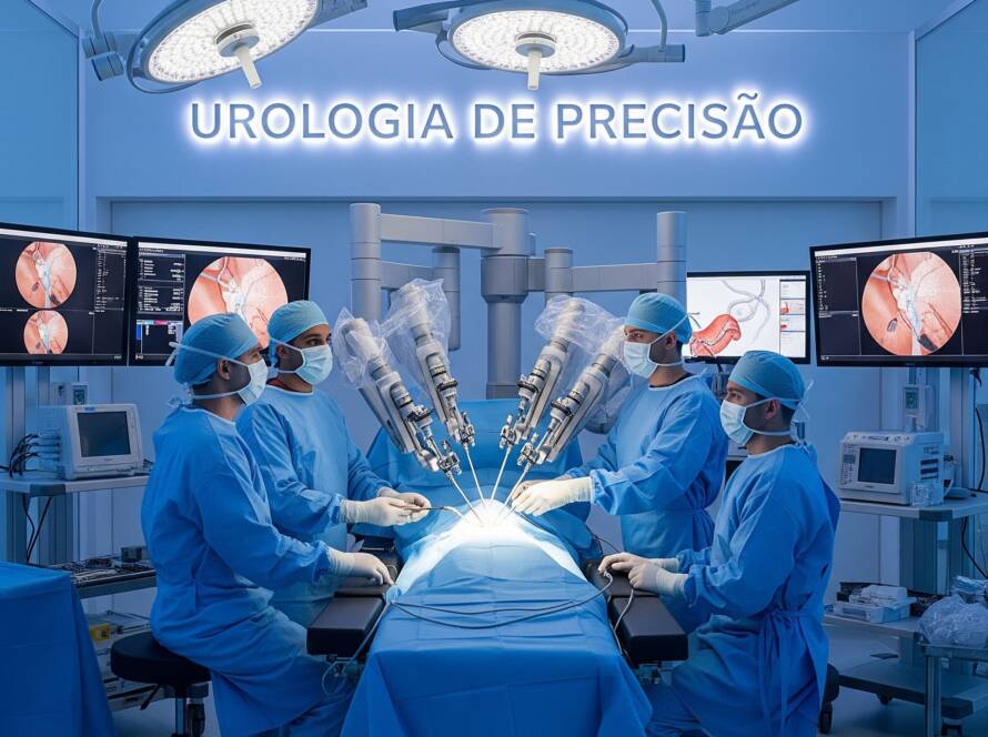 Centro cirúrgico com médicos e um paciente em uma sala de cirurgia de precisão: a Urologia de Precisão representa uma nova era na medicina, em que o tratamento urológico deixa de ser generalista para se tornar individualizado