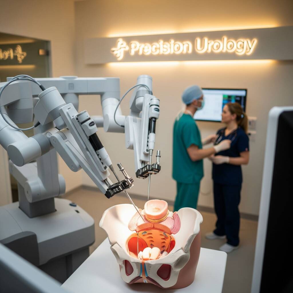 Centro cirúrgico com dois médicos ao fundo e um braço robótico em primeiro plano: diagnóstico mais precoce e acurado redução de tratamentos ineficazes ou desnecessários e menor exposição a efeitos colaterais são alguns dos benefícios da Urologia de Precisão