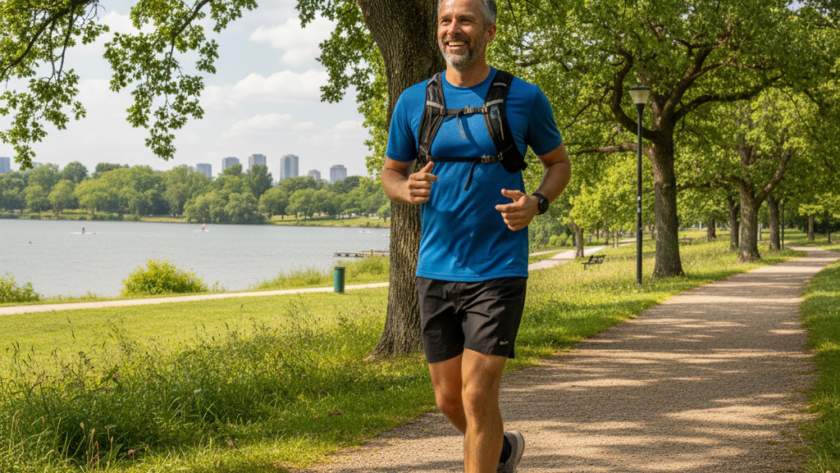 Homem corre em um parque: o ócio, entendido como tempo livre não dedicado ao trabalho ou a obrigações, pode trazer benefícios à saúde do homem, especialmente quando associado à atividade física de lazer.  