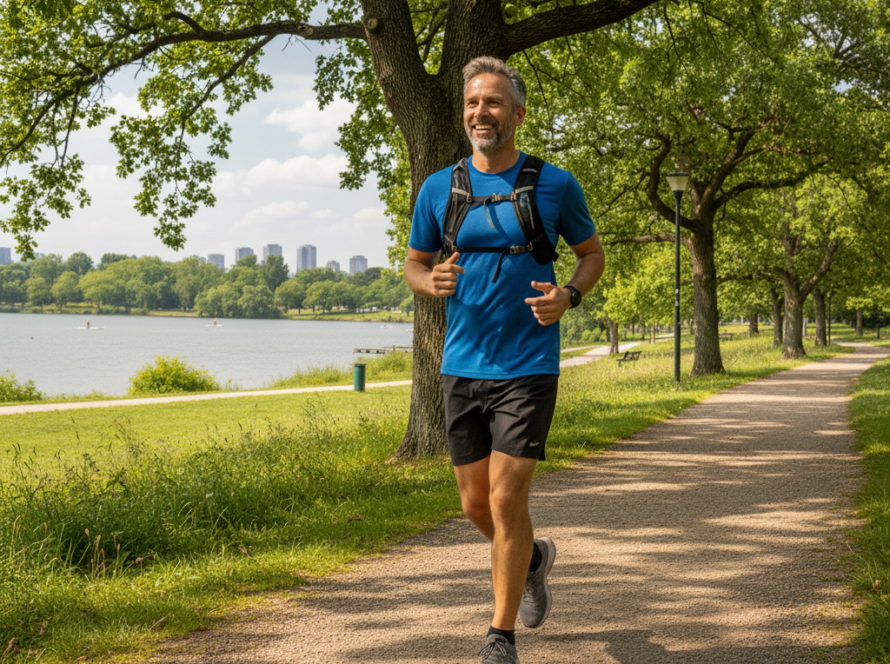 Homem corre em um parque: o ócio, entendido como tempo livre não dedicado ao trabalho ou a obrigações, pode trazer benefícios à saúde do homem, especialmente quando associado à atividade física de lazer.  