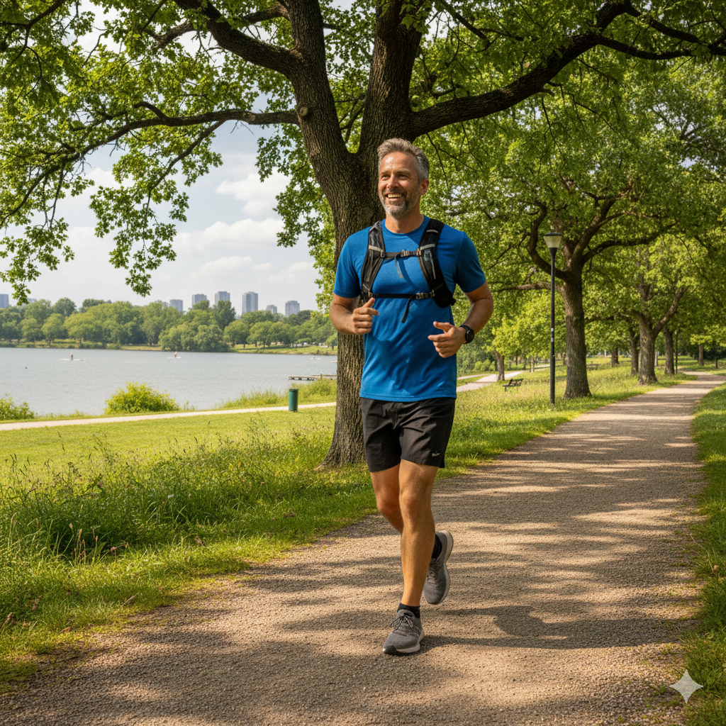 Homem corre em um parque: o ócio, entendido como tempo livre não dedicado ao trabalho ou a obrigações, pode trazer benefícios à saúde do homem, especialmente quando associado à atividade física de lazer.  