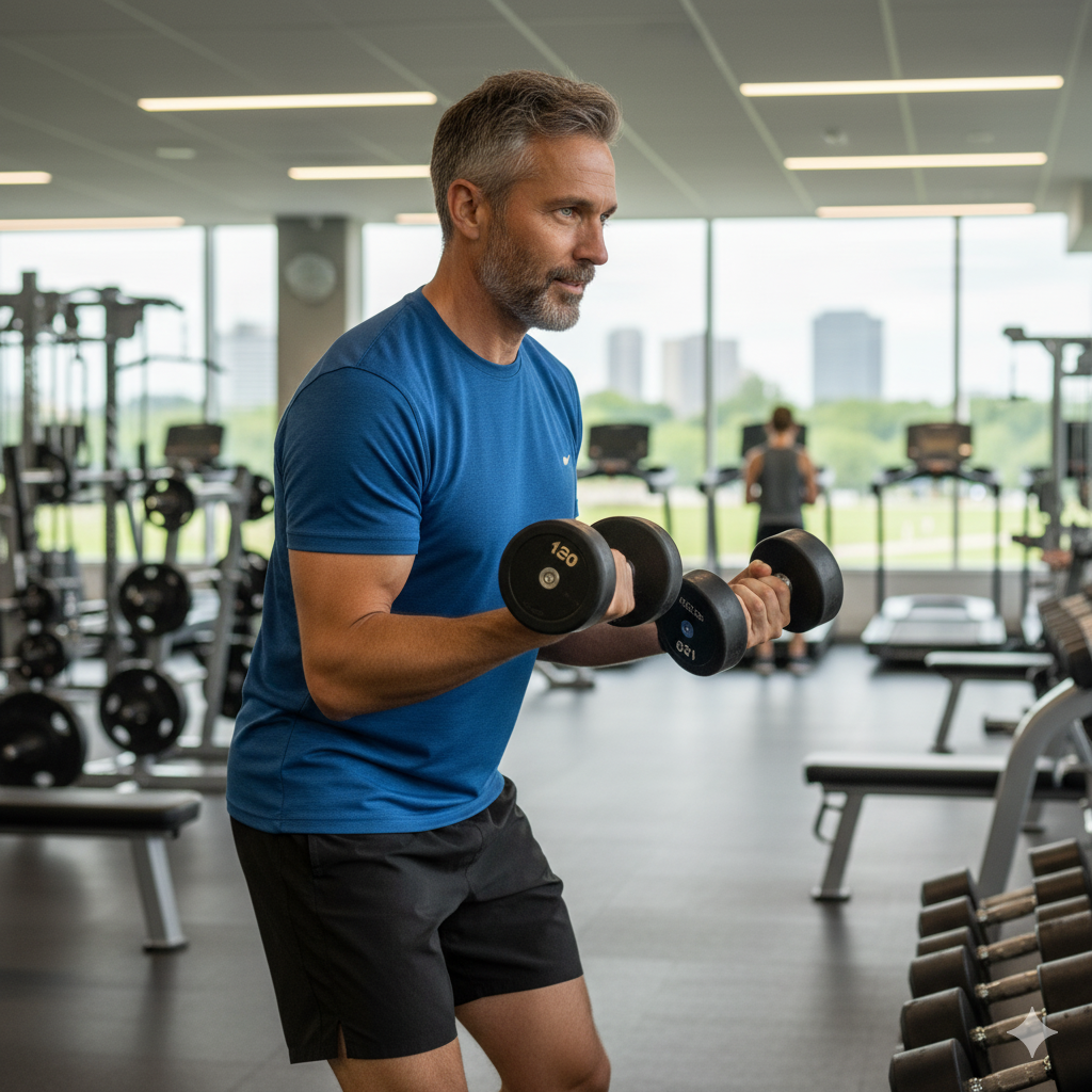Homem de meia idade pratica musculação em academia: embora o foco dos estudos citados seja a atividade física de lazer, os benefícios do descanso são complementares, pois períodos de recuperação são essenciais para potencializar os efeitos positivos do exercício e prevenir o excesso de fadiga e o burnout