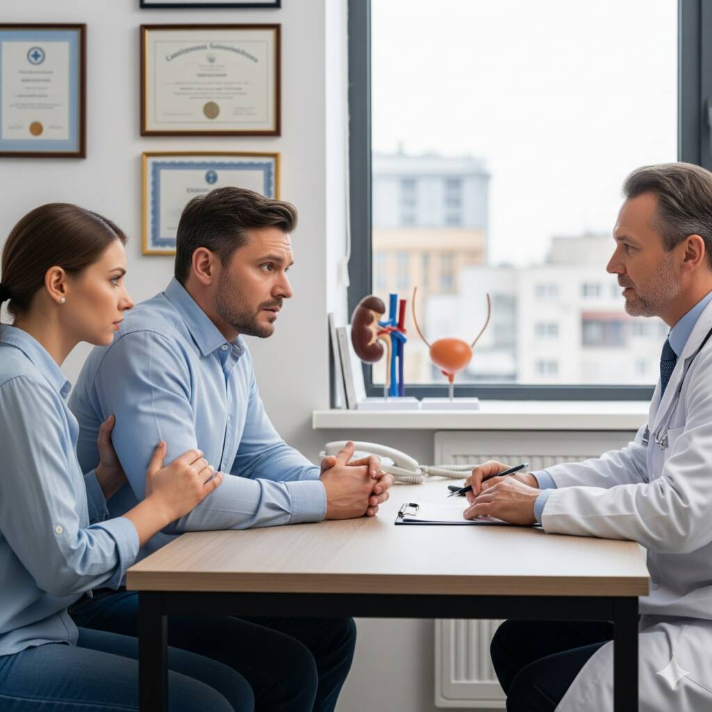 Casal em consultório de urologista: embora não exista cura definitiva, os tratamentos atuais permitem controlar os sintomas, acelerar a cicatrização e reduzir a frequência dos surtos