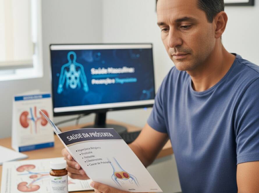 Homem em um consultório médico lê um guia sobre saúde a respeito da próstata. O tema as “principais preocupações urológicas masculinas no Brasil” vem ganhando cada vez mais espaço por aqui, especialmente diante do aumento da expectativa de vida e da maior conscientização sobre prevenção e qualidade de vida