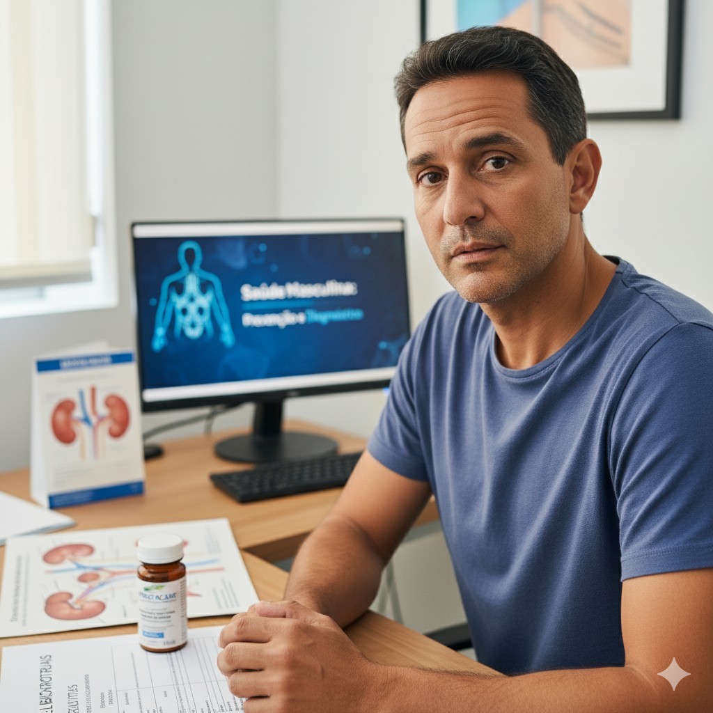 Homem em consultório demonstra preocupação: embora mais frequentes em mulheres, as infecções urinárias também afetam os homens, especialmente aqueles com próstata aumentada ou cálculos renais