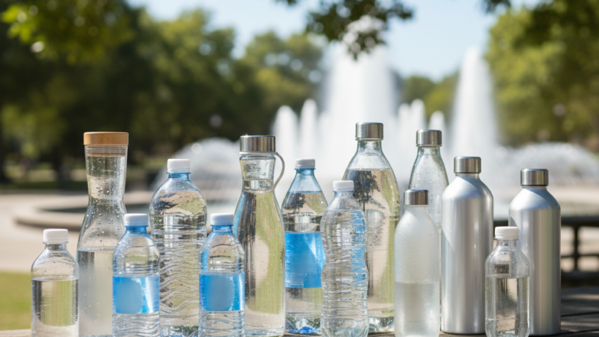 Diversos tipos de garrafas de água são vistas em um parque perto de uma fonte de água: hidratação e saúde urinária são coisas que caminham lado a lado.