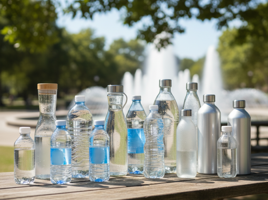 Diversos tipos de garrafas de água são vistas em um parque perto de uma fonte de água: hidratação e saúde urinária são coisas que caminham lado a lado.
