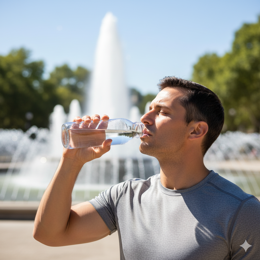 Homem toma água tendo ao fundo uma fonte de água: além da saúde urinária, a água também é fundamental para um bom desempenho físico