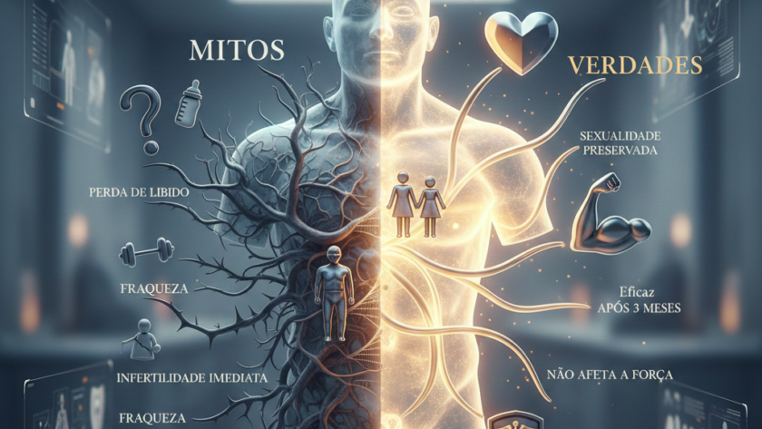 Imagem em 3D simula o corpo de um homem. Mitos e verdades sobre a vasectomia, procedimento cirúrgico de esterilização masculina que, apesar de sua eficácia e reversibilidade em muitos casos, ainda é cercado por muitos mitos e desinformação