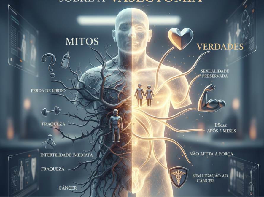 Imagem em 3D simula o corpo de um homem. Mitos e verdades sobre a vasectomia, procedimento cirúrgico de esterilização masculina que, apesar de sua eficácia e reversibilidade em muitos casos, ainda é cercado por muitos mitos e desinformação