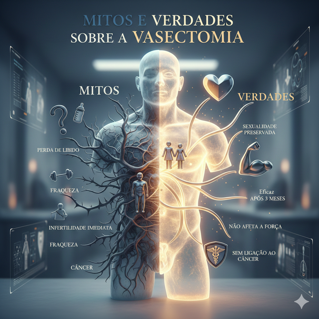 Imagem em 3D simula o corpo de um homem. Mitos e verdades sobre a vasectomia, procedimento cirúrgico de esterilização masculina que, apesar de sua eficácia e reversibilidade em muitos casos, ainda é cercado por muitos mitos e desinformação