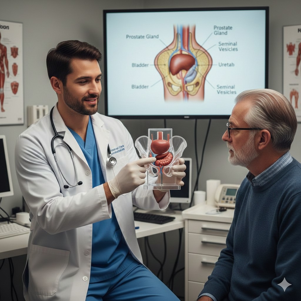 Médico faz explicações sobre a próstata para paciente: o crescimento natural da próstata é um processo comum do envelhecimento masculino