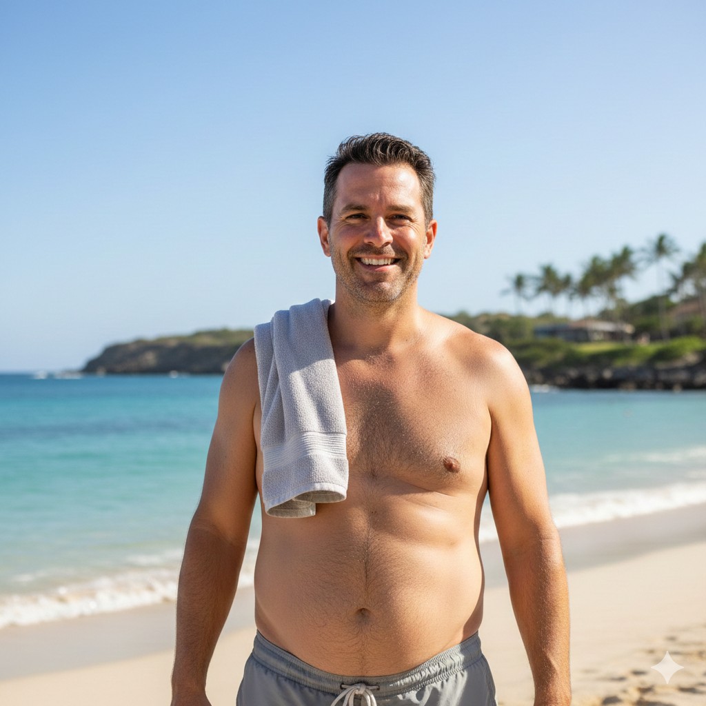 Homem sorri em praia e exibe excesso de peso: os sintomas da baixa testosterona são: queda da libido, irritabilidade, cansaço e falta de energia, perda de massa muscular e acúmulo de gordura abdominal