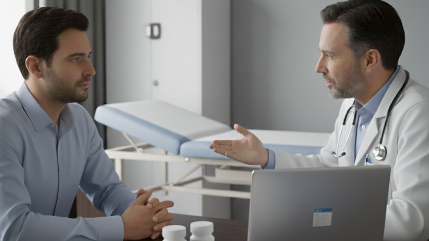 Urologista e paciente conversam em consultório médico sobre o tema: "meu volume de sêmen diminuiu".