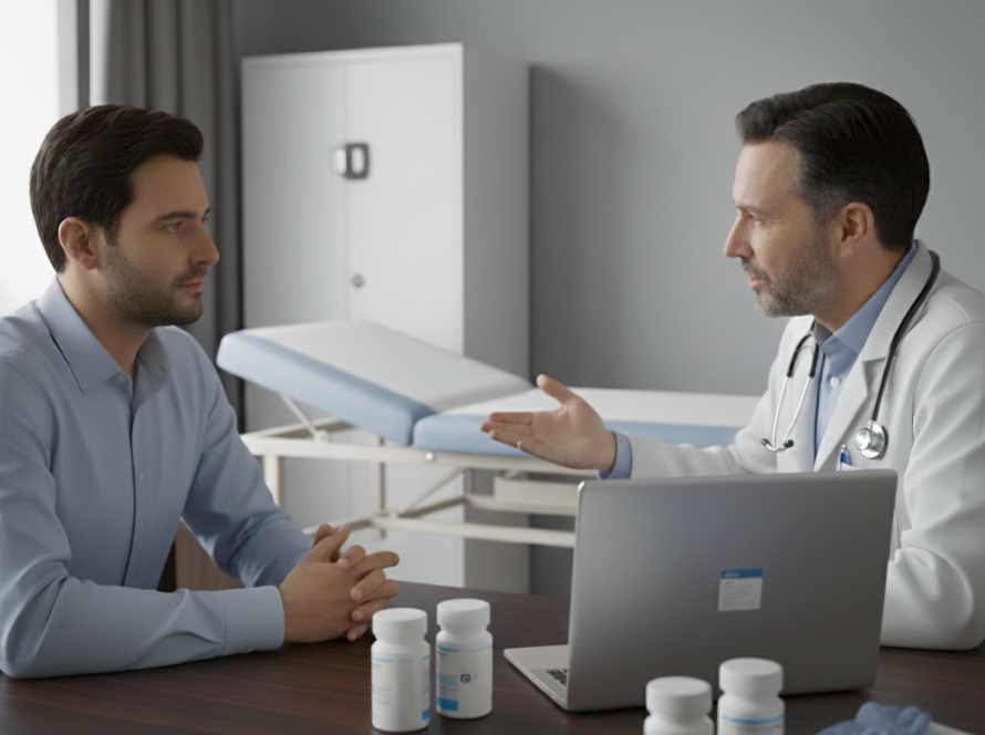 Urologista e paciente conversam em consultório médico sobre o tema: "meu volume de sêmen diminuiu".