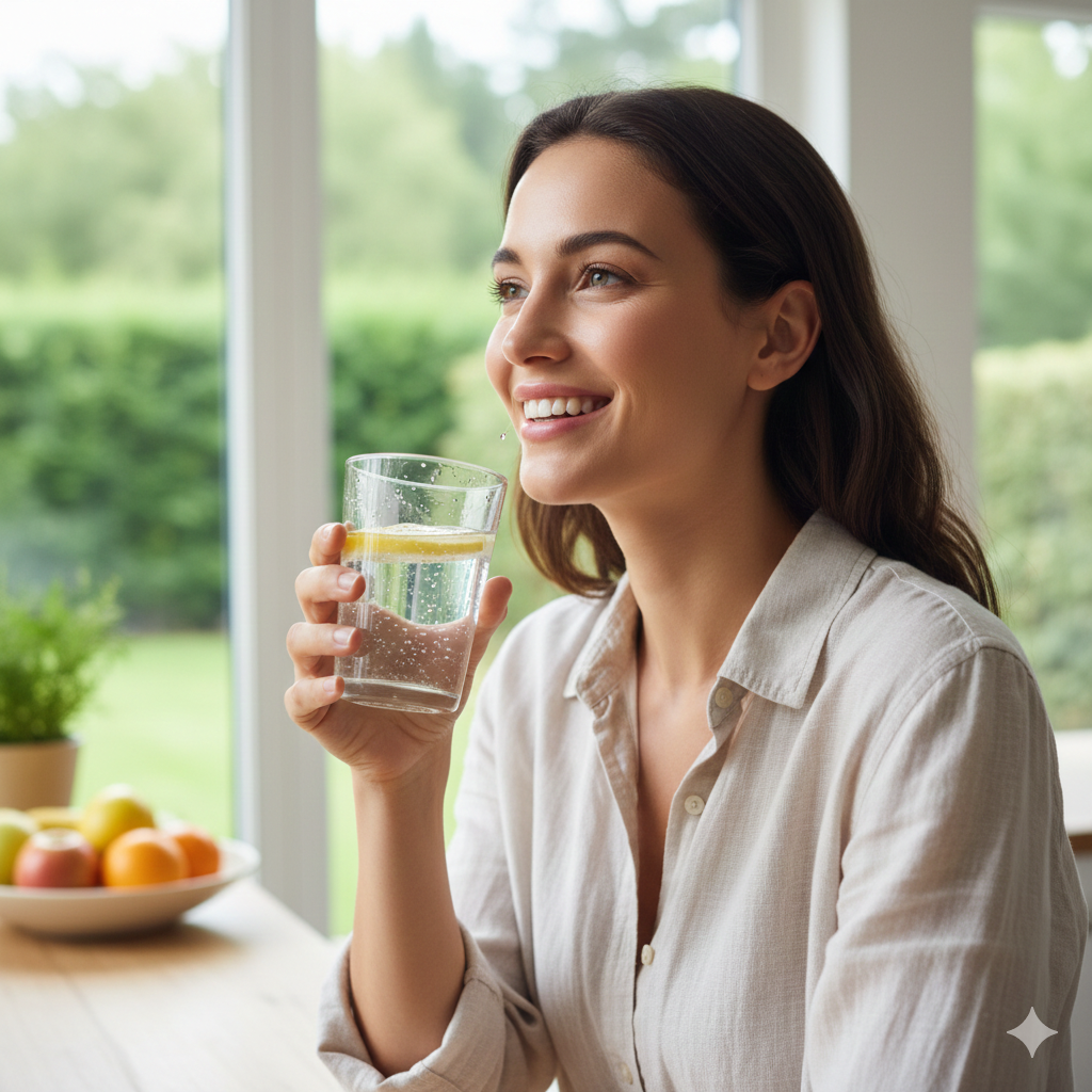 Saúde da bexiga feminina: mulher toma água para se hidratar. Beber água regularmente é um dos pontos chave para uma bexiga saudável.