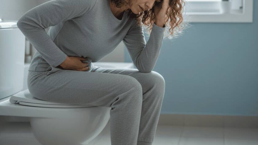 Mulher sofre em privada de banheiro: o prolapso de órgãos pélvicos, popularmente conhecido como “bexiga caída” é uma condição mais comum em mulheres após a menopausa