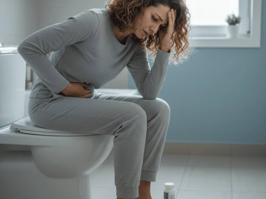 Mulher sofre em privada de banheiro: o prolapso de órgãos pélvicos, popularmente conhecido como “bexiga caída” é uma condição mais comum em mulheres após a menopausa