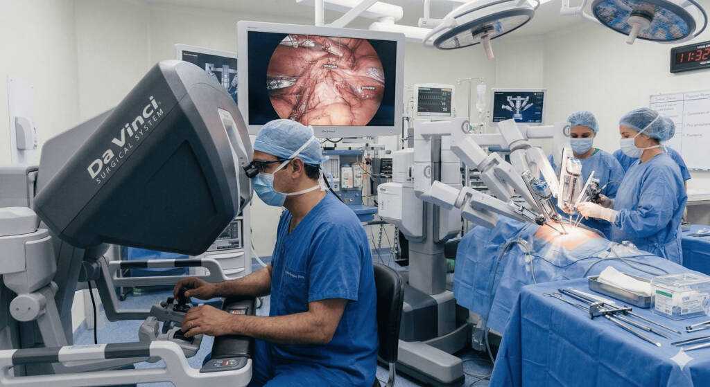 Médico em centro cirúrgico realiza cirurgia. A cirurgia robótica de próstata está entre os avanços mais importantes da medicina nas últimas décadas. Trata-se de uma tecnologia que permite realizar procedimentos extremamente delicados com maior precisão, controle e segurança