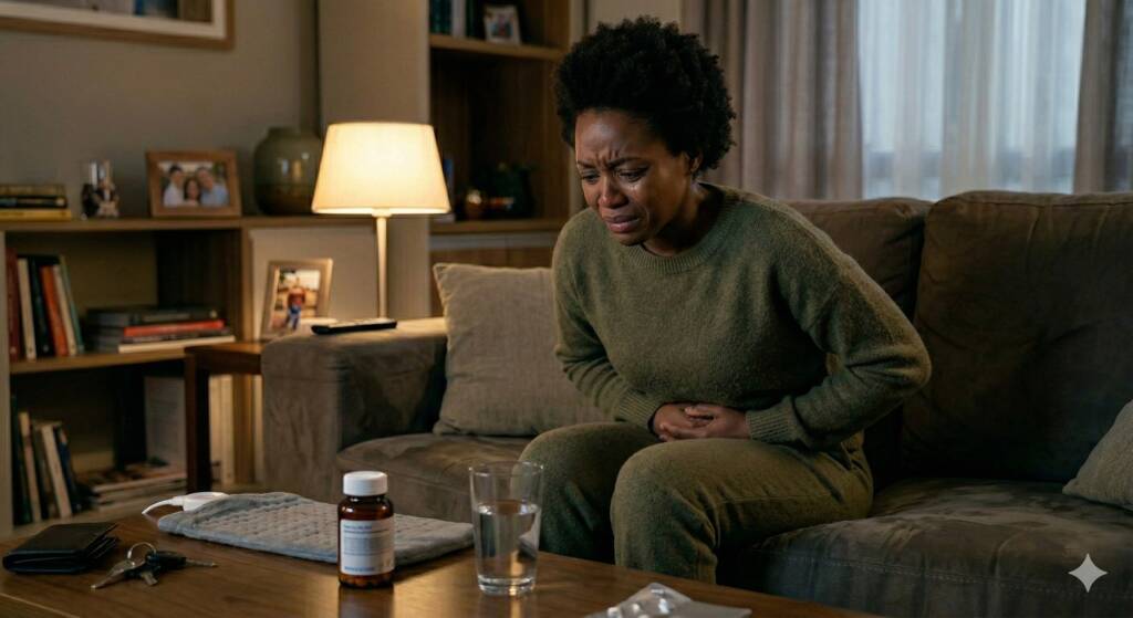 Mulher sente dor e pressiona a região da barriga tendo um vidro de comprimidos à sua frente e um copo de água: se você já tomou diversos antibióticos, mas os exames de urina deram negativo, você pode estar com a Síndrome da Bexiga Dolorosa!