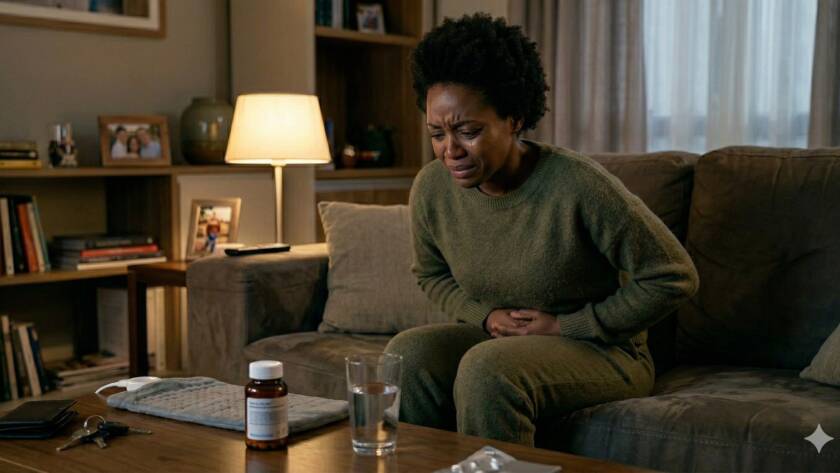 Mulher sente dor e pressiona a região da barriga tendo um vidro de comprimidos à sua frente e um copo de água: se você já tomou diversos antibióticos, mas os exames de urina deram negativo, você pode estar com a Síndrome da Bexiga Dolorosa!