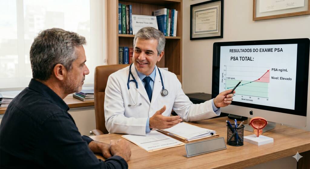 Homem se consulta com urologista em consultório: receber o resultado de um exame de PSA elevado pode gerar ansiedade imediata. Para muitos homens, a primeira associação é com câncer de próstata — mas essa relação não é tão direta quanto parece.