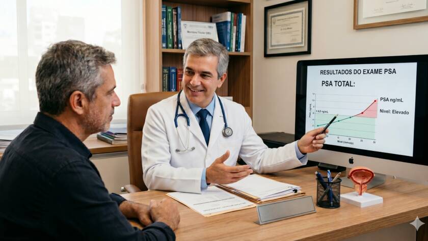 Homem se consulta com urologista em consultório: receber o resultado de um exame de PSA elevado pode gerar ansiedade imediata. Para muitos homens, a primeira associação é com câncer de próstata — mas essa relação não é tão direta quanto parece.