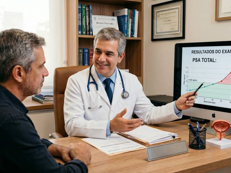 Homem se consulta com urologista em consultório: receber o resultado de um exame de PSA elevado pode gerar ansiedade imediata. Para muitos homens, a primeira associação é com câncer de próstata — mas essa relação não é tão direta quanto parece.