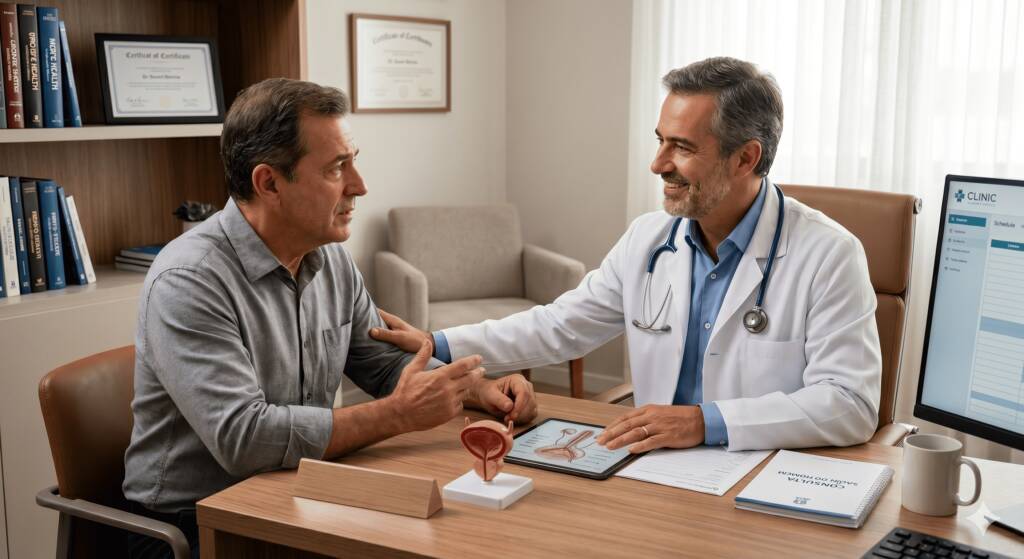 Homem se consulta com um urologista; dificuldade de ereção: o que realmente funciona? Esta é uma dúvida cada vez mais comum entre homens de diferentes idades, especialmente diante de rotinas estressantes, mudanças no estilo de vida e maior preocupação com a saúde sexual