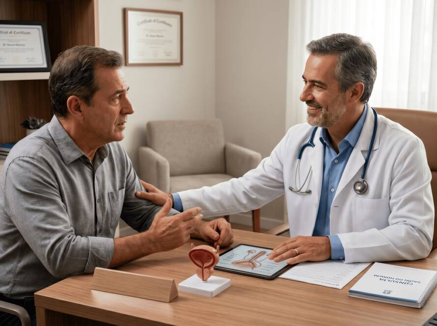 Homem se consulta com um urologista; dificuldade de ereção: o que realmente funciona? Esta é uma dúvida cada vez mais comum entre homens de diferentes idades, especialmente diante de rotinas estressantes, mudanças no estilo de vida e maior preocupação com a saúde sexual