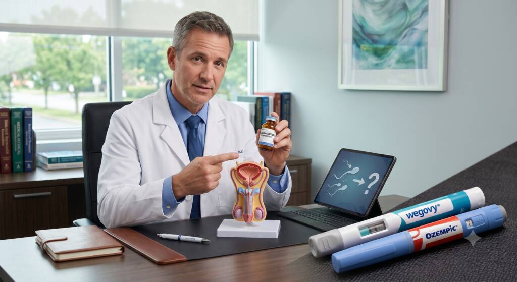 Médico em seu consultório em mesa com o sistema reprodutor masculino: Ozempic e Wegovy ganharam enorme popularidade nos últimos anos principalmente pelo impacto significativo na perda de peso e no controle metabólico