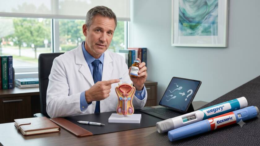 Médico em seu consultório em mesa com o sistema reprodutor masculino: Ozempic e Wegovy ganharam enorme popularidade nos últimos anos principalmente pelo impacto significativo na perda de peso e no controle metabólico