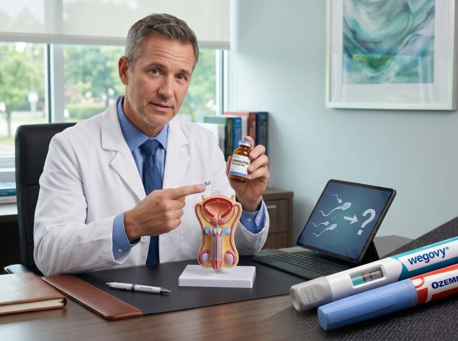 Médico em seu consultório em mesa com o sistema reprodutor masculino: Ozempic e Wegovy ganharam enorme popularidade nos últimos anos principalmente pelo impacto significativo na perda de peso e no controle metabólico