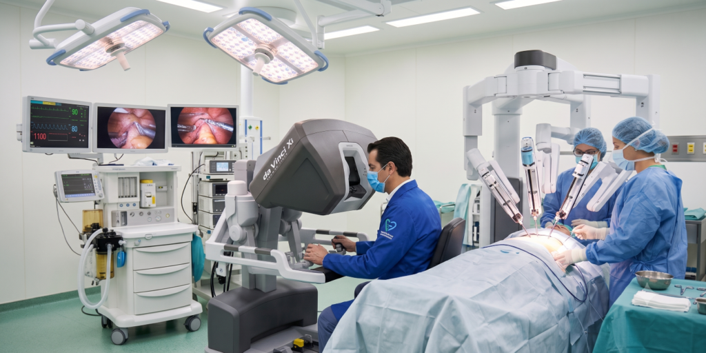 O Dr Marcos Lucon participa de uma cirurgia robótica em um centro cirúrgico. Desde 2009, a cirurgia robótica consolidou-se no Brasil como o padrão para a maioria das prostatectomias radicais e nefrectomias parciais, oferecendo maior precisão cirúrgica, recuperação mais rápida, e melhores chances de preservar funções importantes, como continência urinária e potência sexual, quando clinicamente possível