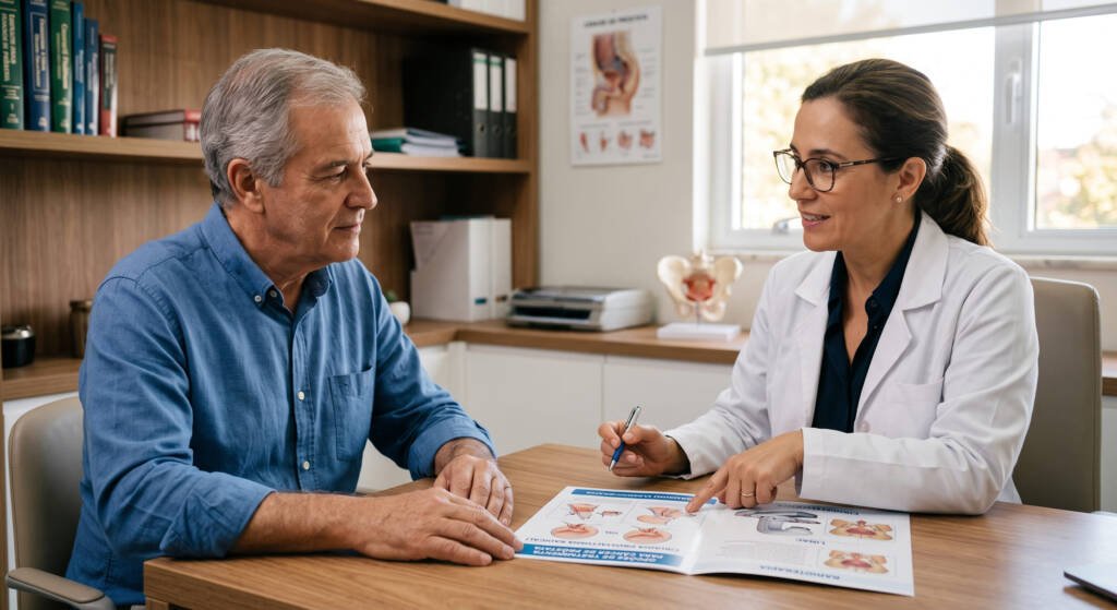 Paciente realiza consulta com urologista: antes de optar entre a cirurgia ou a radioterapia, vale a pena levar algumas perguntas para a consulta do urologista.